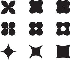 Minimalist silhouette stars icon, twinkle star shape symbols. Modern geometric elements, shining circle and flowery icons, abstract. Retro futuristic minimalistic shiny silhouette basic figures vector