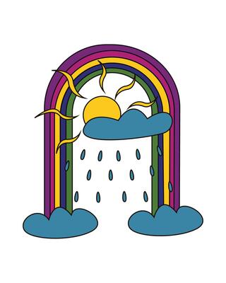 Surreal abstract rainbow with clouds, sun and rain on the white background. Isolated illustration