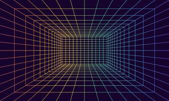 Grid room in perspective in 3d style. Indoor wireframe from rainbow laser beam, digital empty box. Abstract geometric design vector