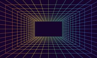 Grid room in perspective in 3d style. Indoor wireframe from rainbow laser beam, digital empty box. Abstract geometric design vector