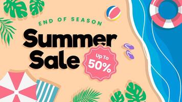 End of season Summer sale discount banner on location beautiful beach and sand background with beach element vector