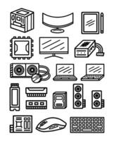 Set of Cartoon line art doodle of Computer and Tech related, Hand Drawn. vector