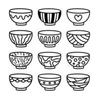 Set of Cartoon line art doodle of Bowl with Beautiful pattern, Hand Drawn. vector