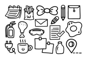 Set of Cartoon line art doodle of Assorted of items and Food, Hand Drawn. vector