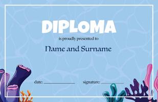 Designed diploma with an ocean theme. Includes coral decorations on a blue background, with space for personal details. Perfect for schools, events, and ocean-themed recognitions vector
