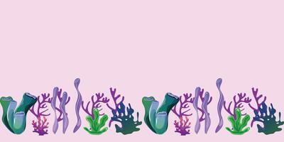 Underwater themed seamless horizontal pattern with colourful seagrass and corals on a pink background. Ideal for textile, paper, and wallpaper applications vector
