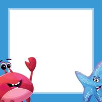 Charming blue square copy space template with adorable red crab and blue starfish cartoon characters vector