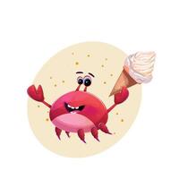 Cute Red Crab Holding Ice Cream Scoop in Waffle Cone vector