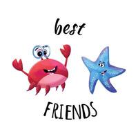 Cute crab wearing blue glasses and a friendly blue starfish. Text Best Friends highlights the heartwarming bond between these ocean buddies vector