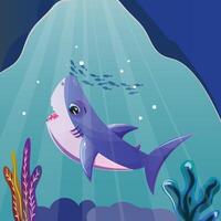 Underwater illustration of a cute little purple shark centered in a cave. On the background a pack of little fishes swimming by vector