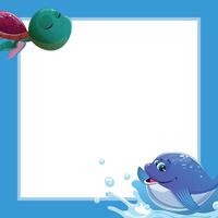 Square frame with a charming border, featuring a cute whale at the bottom and an adorable turtle on top vector