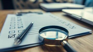 Statistician examining company charts, Performance management of company employees, Pen and magnifying glass lying on business document, Data analysis, Annual report photo