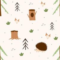seamless forest pattern. Cute childrens illustration with wild forest, bushes and grass in trendy style with texture. vector