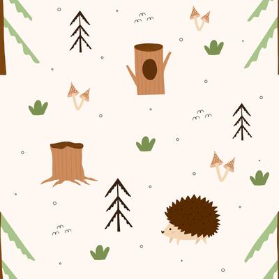 seamless forest pattern. Cute childrens illustration with wild forest, bushes and grass in trendy style with texture.