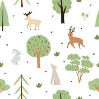 seamless forest pattern. Cute children's illustration with wild forest, bushes, grass and wild animals in trendy style with texture. vector