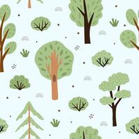 seamless forest pattern. Cute childrens illustration with wild forest, bushes and grass in trendy style with texture. vector
