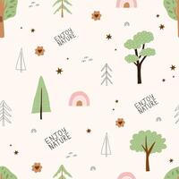 Seamless forest pattern. Cute childrens illustration with wild forest, bushes and grass in trendy style with texture. vector