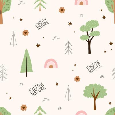 Seamless forest pattern. Cute childrens illustration with wild forest, bushes and grass in trendy style with texture.