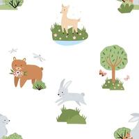 seamless forest pattern. Cute children's illustration with wild forest, bushes, grass and wild animals in trendy style with texture. vector