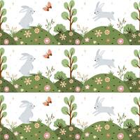 Seamless forest pattern. Cute children's illustration with wild forest, bushes, grass and wild hare in trendy style with texture. vector