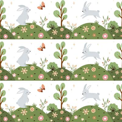 Seamless forest pattern. Cute children's illustration with wild forest, bushes, grass and wild hare in trendy style with texture.