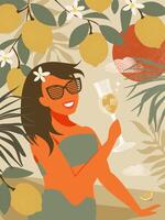 Beautiful woman drinks lemon liqueur against the backdrop of fruits and the setting sun on vacation and enjoys life. Summer vibe. vector