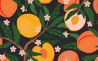 Fruits and flowers of peaches and apricots with leaves on a branch form a seamless pattern. Summer tropical fruity vibe for fabrics, textiles and wrapping paper. vector