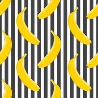 Yellow bananas on a striped black and white background form a seamless tropical pattern for modern textiles and wrapping paper. vector