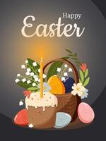 Happy Easter. Spring bouquet of flowers in a wicker basket with Easter colorful eggs and Easter cake with a burning candle. vector