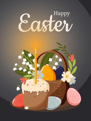 Happy Easter. Spring bouquet of flowers in a wicker basket with Easter colorful eggs and Easter cake with a burning candle.