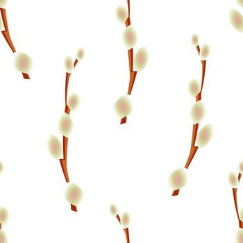Blooming willow twigs on a white background form a seamless pattern for textiles and wrapping paper. vector