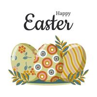Happy Easter. Three Easter colored eggs with fancy leaves on branches. vector