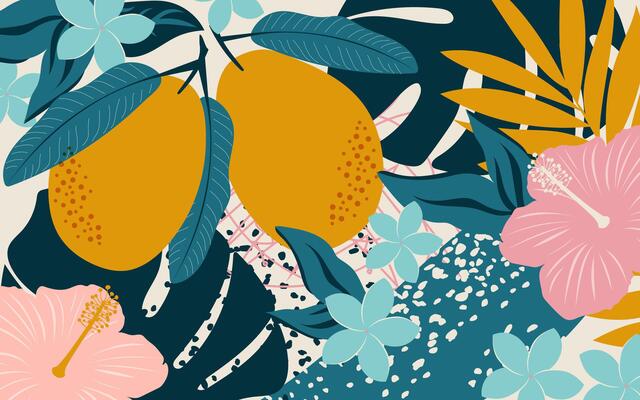 Modern mango flower collage. Exotic tropical leaves with fruits create a horizontal poster for interior design.