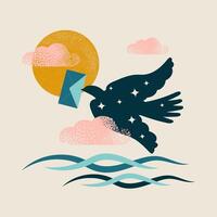 Concepts for the development of communications. A carrier pigeon with an envelope in its beak flies against the background of clouds with the sun over sea waves. vector