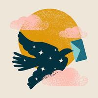 Concepts for the development of communications. A carrier pigeon with an envelope in its beak flies against a background of clouds with the sun, isolated on a light gray background. vector