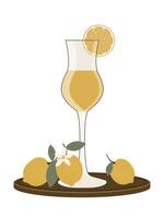 Lemon liqueur in a glass on a wooden stand with lemons isolated on a white background. vector