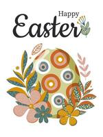 Happy Easter. One Easter painted egg with fancy flowers and leaves on the branches for the spring holiday. vector