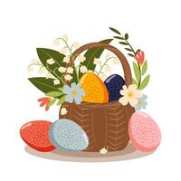 Happy Easter. Spring bouquet of flowers in a wicker basket with Easter colorful eggs isolated on a white background for postcards. vector