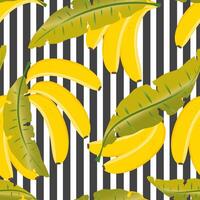Bananas with leaves on a striped black and white background form a seamless tropical pattern for modern textiles, wrapping paper. vector
