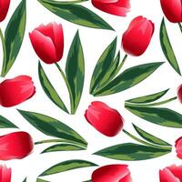 Bouquet of scarlet tulips with green leaves on a white background form a spring seamless pattern for textiles and wrapping paper. vector