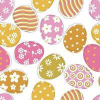 Painted colorful Easter eggs on a white background form a seamless pattern for textiles and wrapping paper. vector