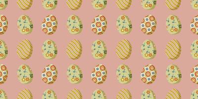 Painted Easter eggs on a pink background form a seamless pattern for textiles and wrapping paper. vector