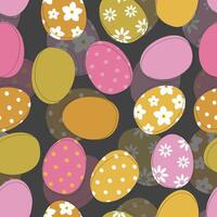 Painted colorful Easter eggs on a dark gray background form a seamless pattern for textiles and wrapping paper. vector