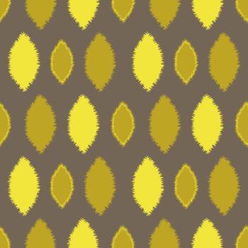 Symmetrical abstract yellow leaves with jagged edges on a brown background form a seamless geometric pattern for textiles. vector