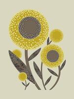 Round fantastic golden flowers on stems with sharp leaves isolated on gray background for spring cards, interior design, decorative pillows. vector