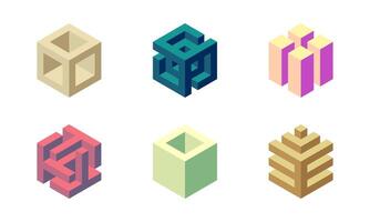 Cube logo, geometric design. Set box logotype company, trendy techno emblem in isometric 3D style. vector