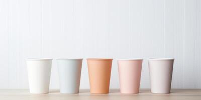 Lineup Of Pastel Colored Paper Coffee Cups On Wooden Table Against White Background. Minimalist Design. photo