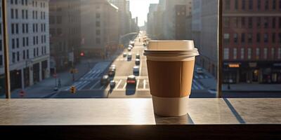 Paper Takeaway Coffee Cup in Early Cityscape. Coffee To Go on Table in Cafe. photo