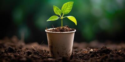 Plant Seedling Growing Strong In Sustainable Biodegradable Cup. Young Plant In Eco-Friendly Cup. photo