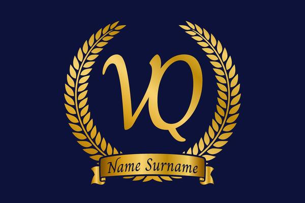 Initial letter V and Q, VQ monogram logo design with laurel wreath. Luxury golden calligraphy font.